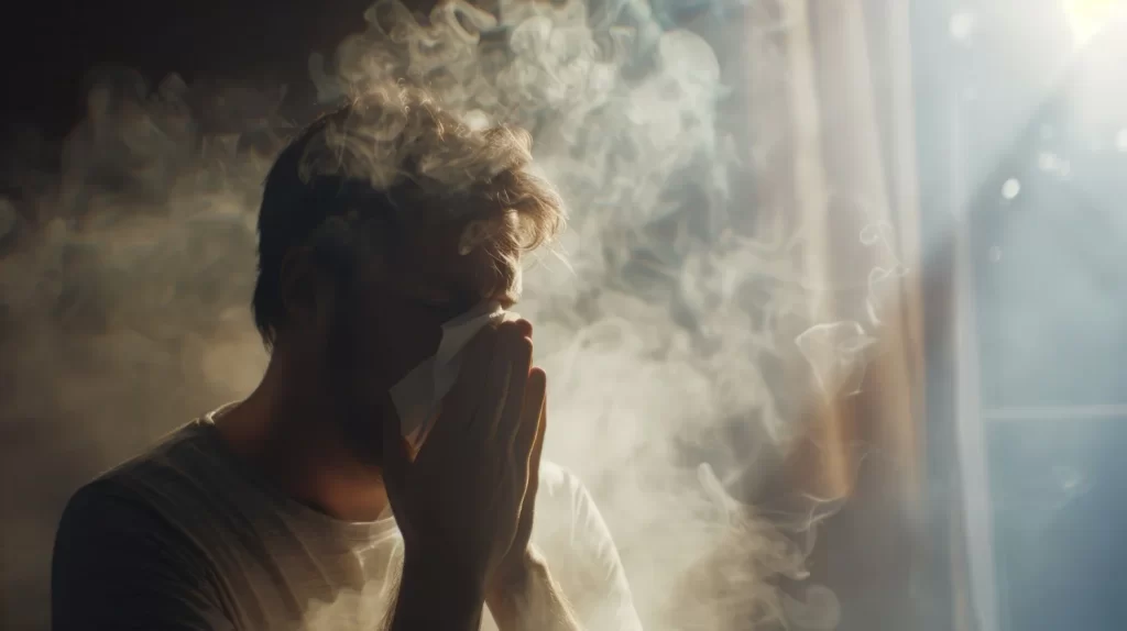 A man surrounded by smoke, illustrating the risks of substance misuse and the need for safe alcohol detox support in London.